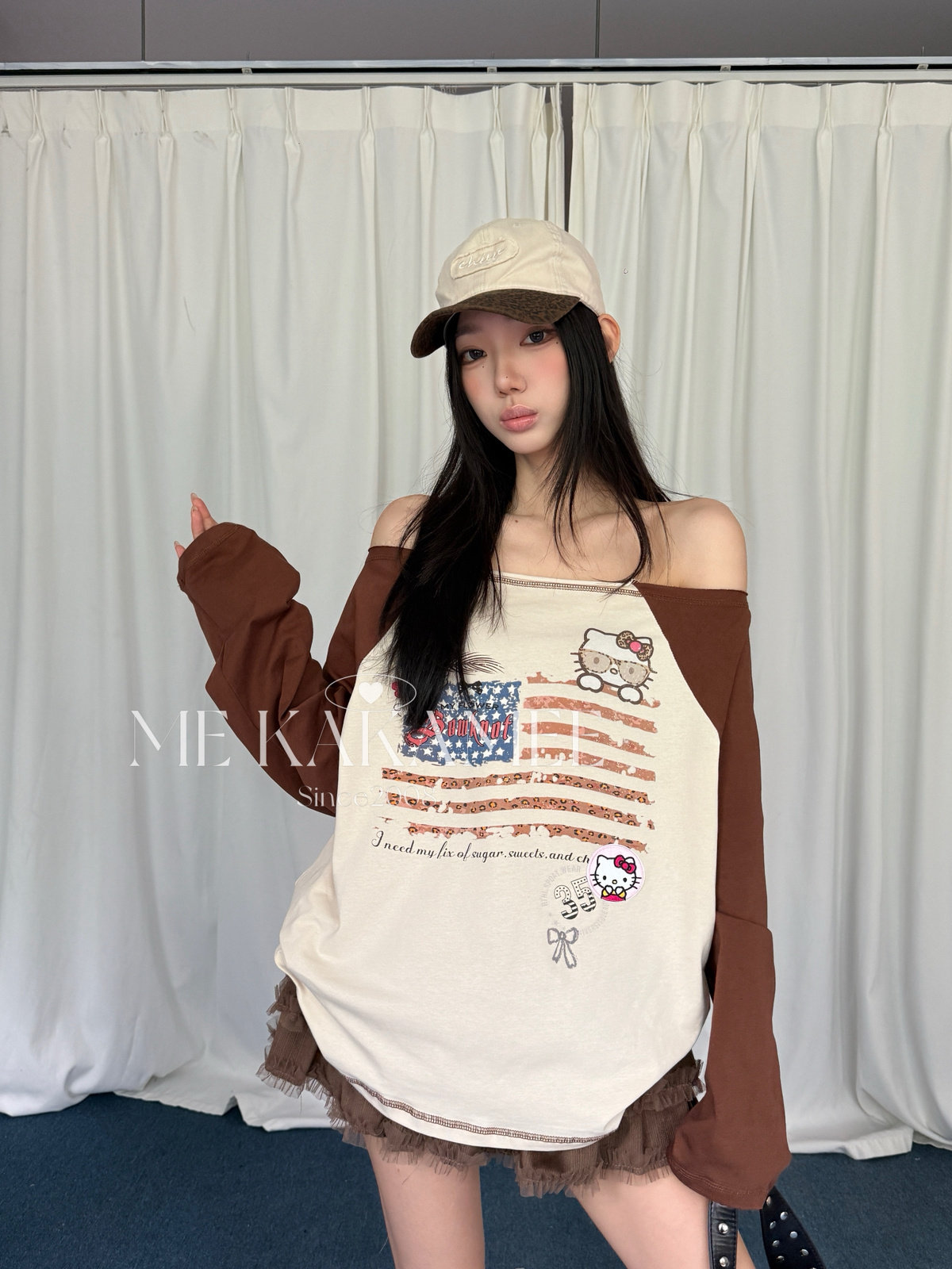 ME KAKAMEE秋新品美式KT章仔撞色插肩一字肩宽松大版长袖T恤S5619