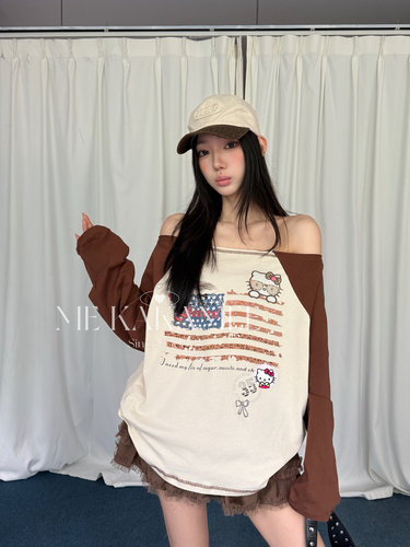 ME KAKAMEE秋新品美式KT章仔撞色插肩一字肩宽松大版长袖T恤S5619