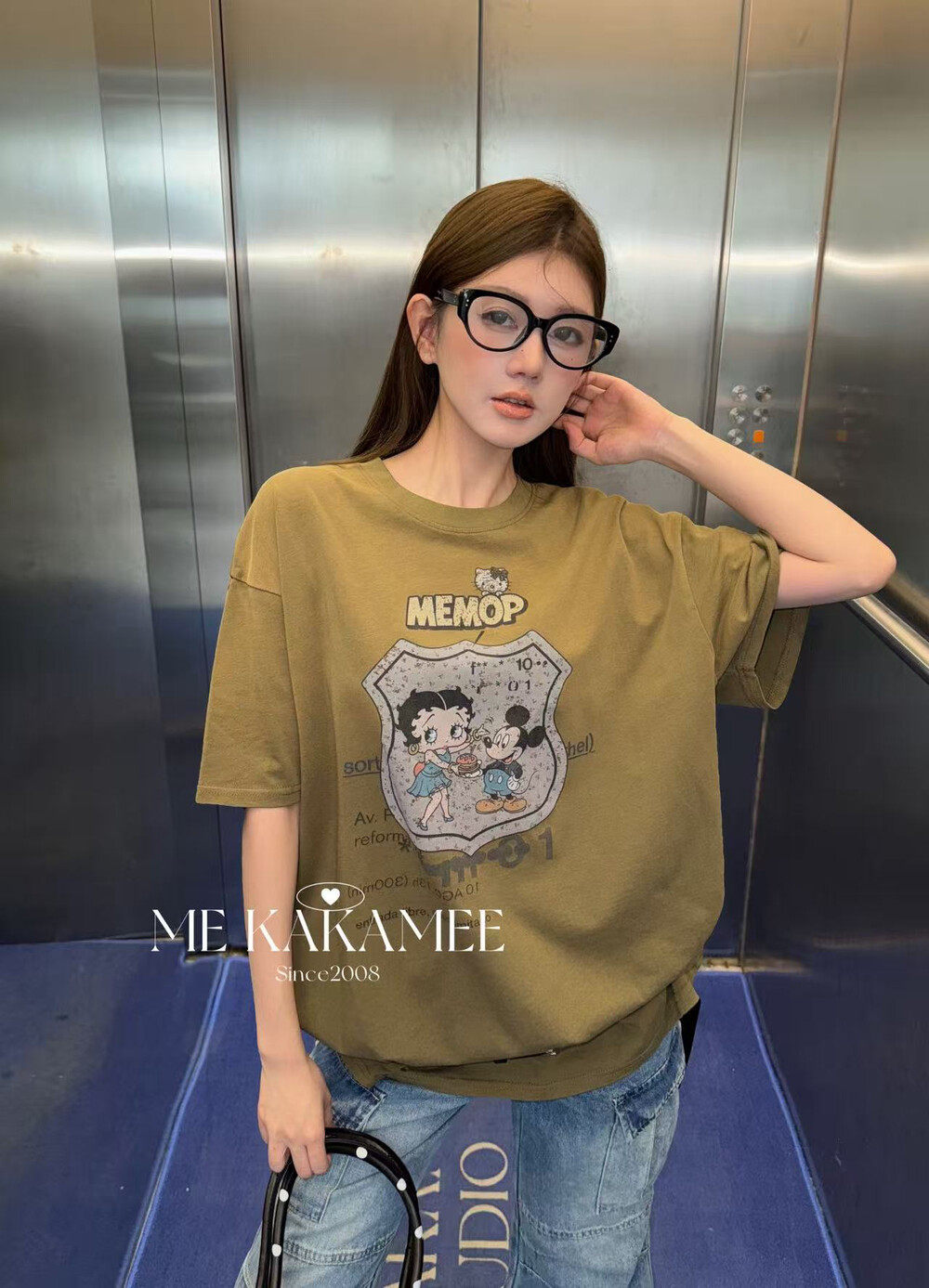 ME KAKAMEE夏新品洗水工艺喷画贝蒂米奇大版短袖T恤上衣女9376
