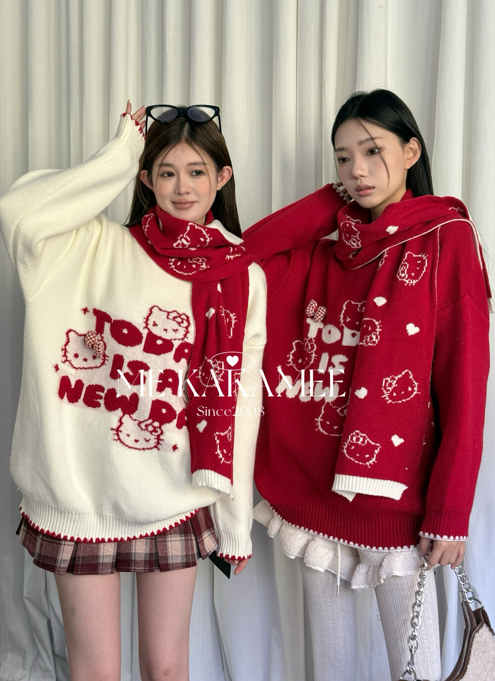 KAKAMEE冬新品圣诞氛围感KT提花搭配围巾圆领套头毛衣配围巾A3168