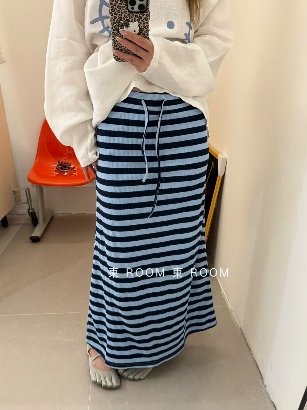 東ROOM早秋新款韩版休闲慵懒风条纹松紧腰显瘦半身裙长裙女