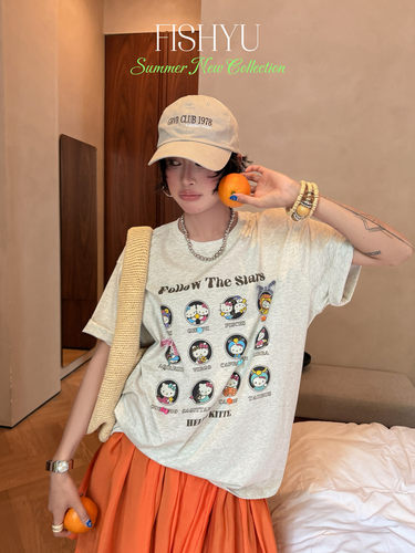 FISH YU卡通星座Kitty白墨印花手缝立体蝴蝶结大版圆领短袖T恤女