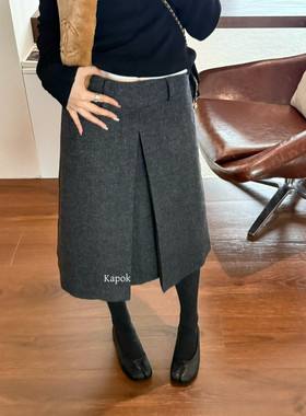 KAPOK冬新款复古通勤压褶显瘦毛呢A字半身裙 含50%羊毛35032