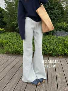 HU冬新款美式高腰显瘦休闲百搭松紧腰抽绳加绒微喇裤女C1229