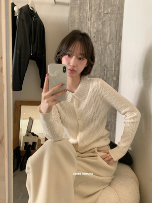 IMISS冬新款欧货简约重工珍珠领麻花羊毛针织衫上衣女开衫H01277