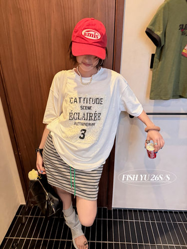 FISH YU夏新款美式复古拼接蕾丝字母印花圆领宽松短袖T恤626235