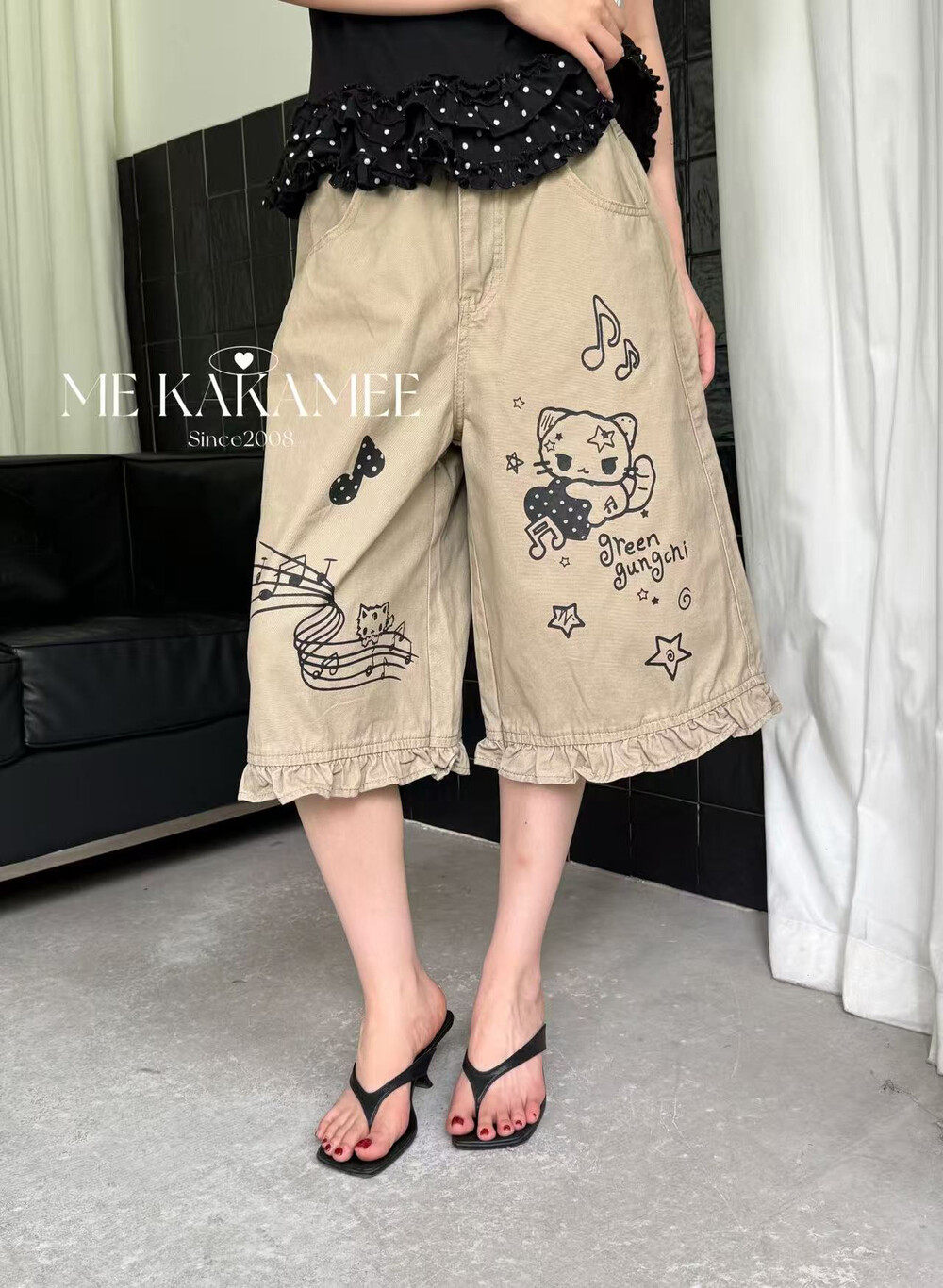 ME KAKAMEE新品涂鸦音乐小猫设计感七分裤花边牛仔裤女休闲C0867