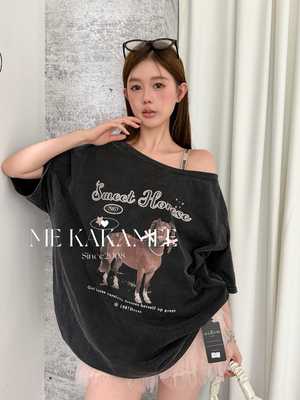 ME KAKAMEE新品美式小马喷画立体蝴蝶结斜肩水洗炒纱短袖T恤S5013