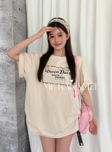 ME KAKAMEE夏新品卡通KT荡秋千喷画水洗炒纱宽松大版短袖T恤S5001