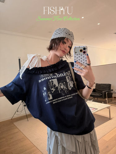 FISH YU夏新款韩系甜酷风蕾丝系带斜肩木耳边休闲宽松短袖T恤女