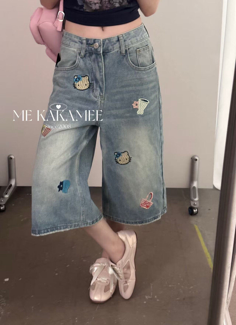ME KAKAMEE夏新品刺绣KT猫休闲设计感七分裤显瘦牛仔裤C0826