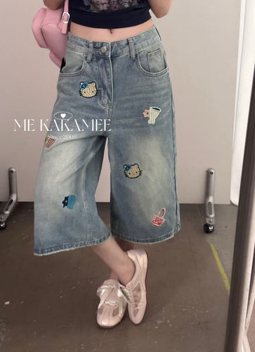 ME KAKAMEE夏新品刺绣KT猫休闲设计感七分裤显瘦牛仔裤C0826