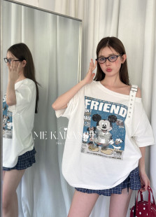 短袖 卡通米奇喷画设计感斜肩扣宽松大版 T恤S3959 KAKAMEE夏新品