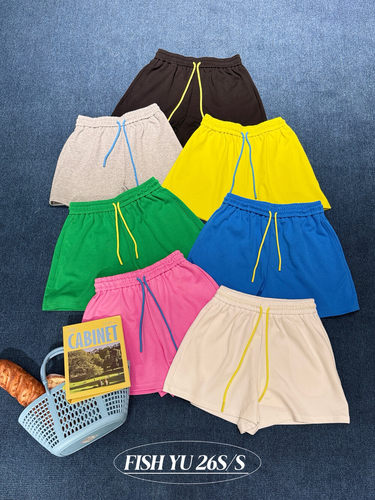 FISH YU夏新款欧货韩系彩色多巴胺撞色腰绳松紧腰休闲短裤百搭女