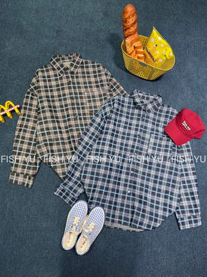 YU早春2026新款韩版美式复古格纹水洗牛仔宽松翻领口袋衬衫26059