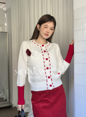 ME KAKAMEE冬新品新年氛围感撞色编制立体花朵开衫保暖毛衣A3333