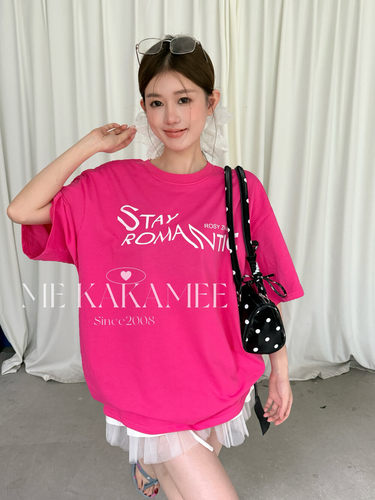 ME KAKAMEE夏新品简约字母喷画显白树莓粉宽松大版短袖T恤S5225