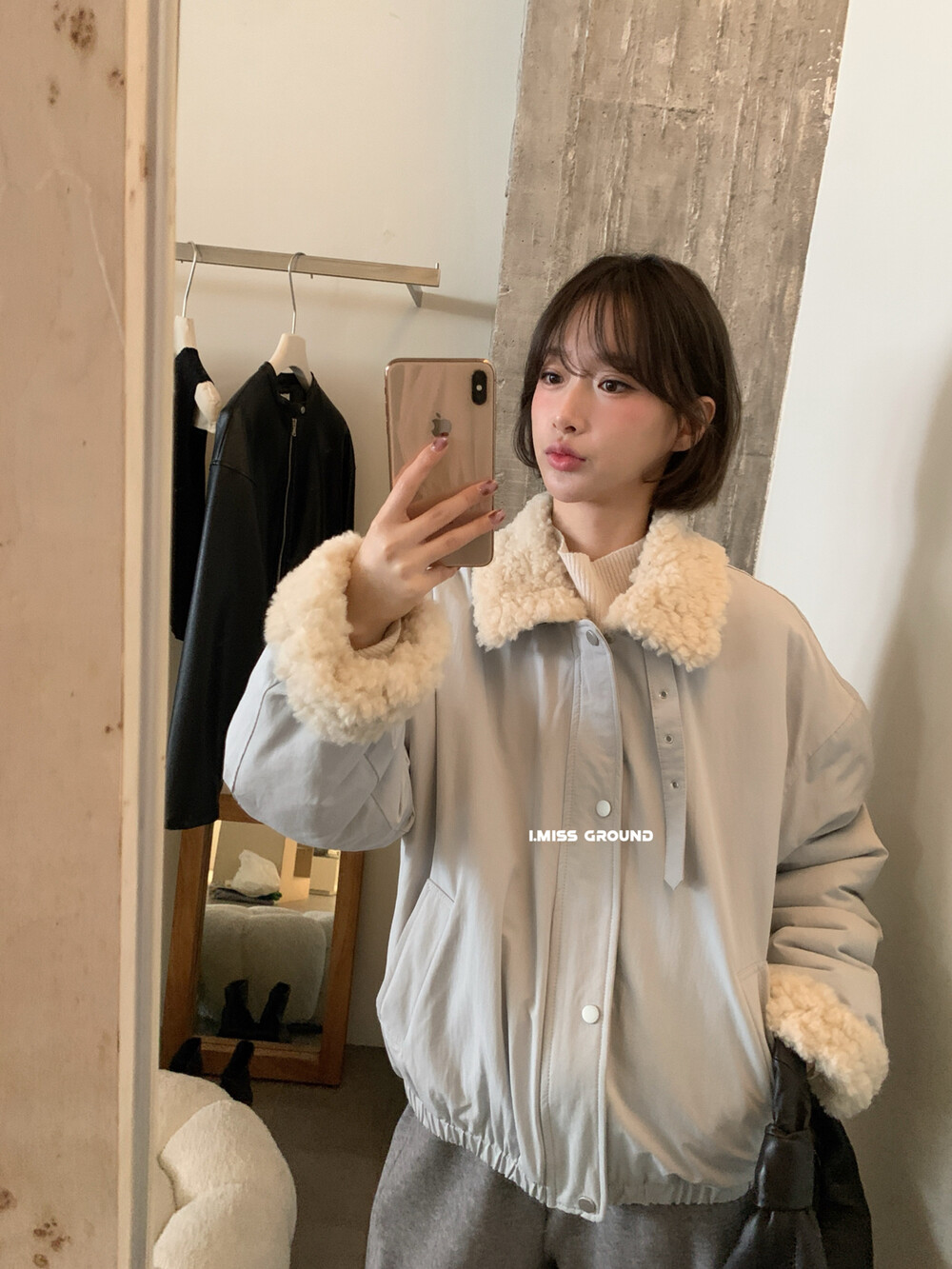 IMISS韩标！冬新款简约百搭纯色羊羔毛翻领外套轻薄款棉衣H70865