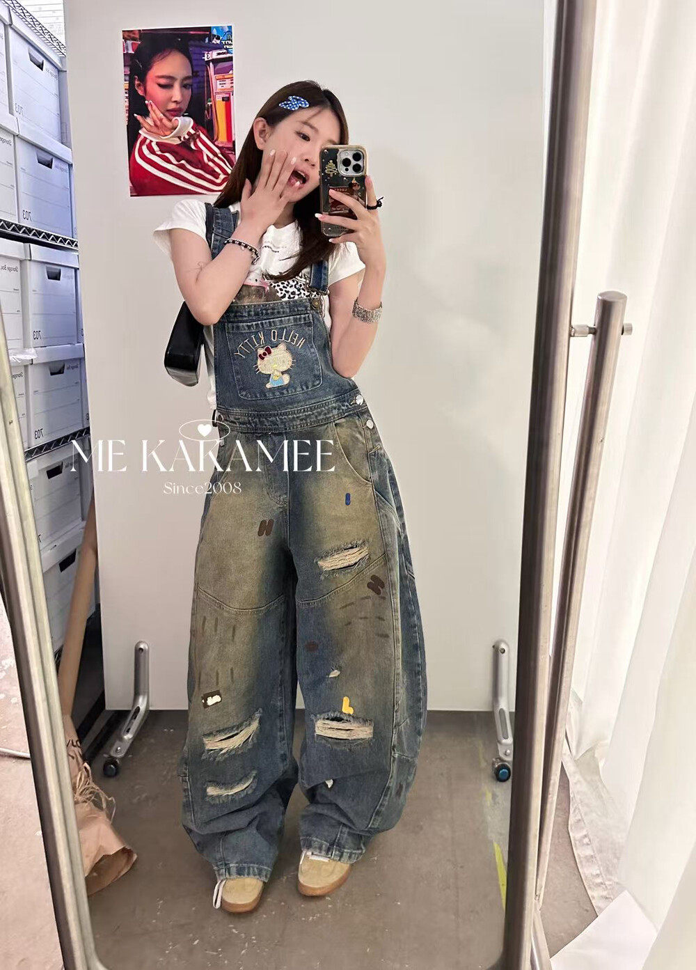ME KAKAMEE冬新款欧货正版刺绣KT猫洗水泼墨设计牛仔背带裤C0735