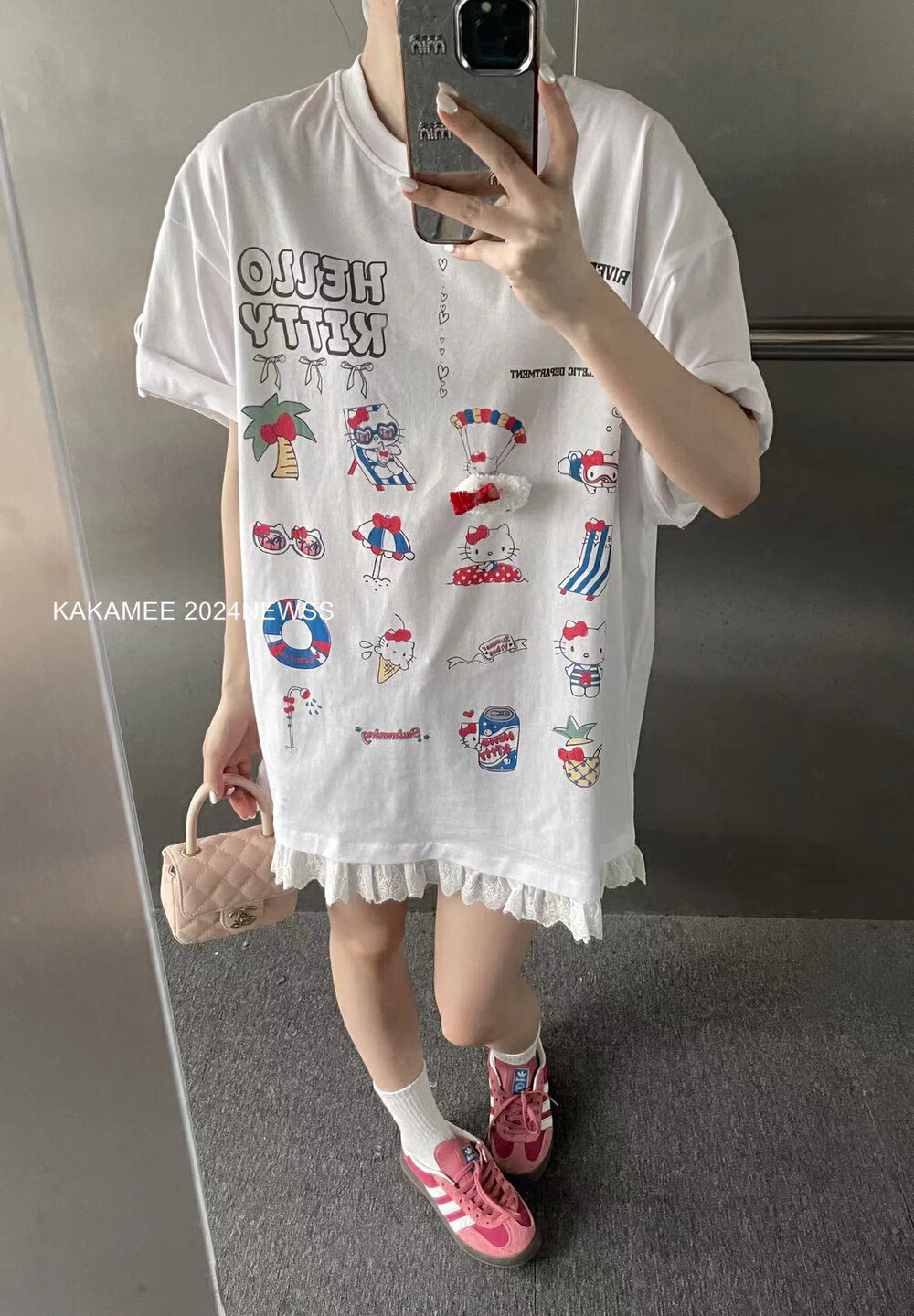 KAKAMEE夏季哈喽kt猫立体装饰短袖T恤连衣裙 配卡通胸针 6762