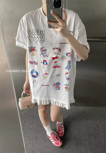 ME KAKAMEE夏季哈喽kt猫立体装饰短袖T恤连衣裙 配卡通胸针 6762