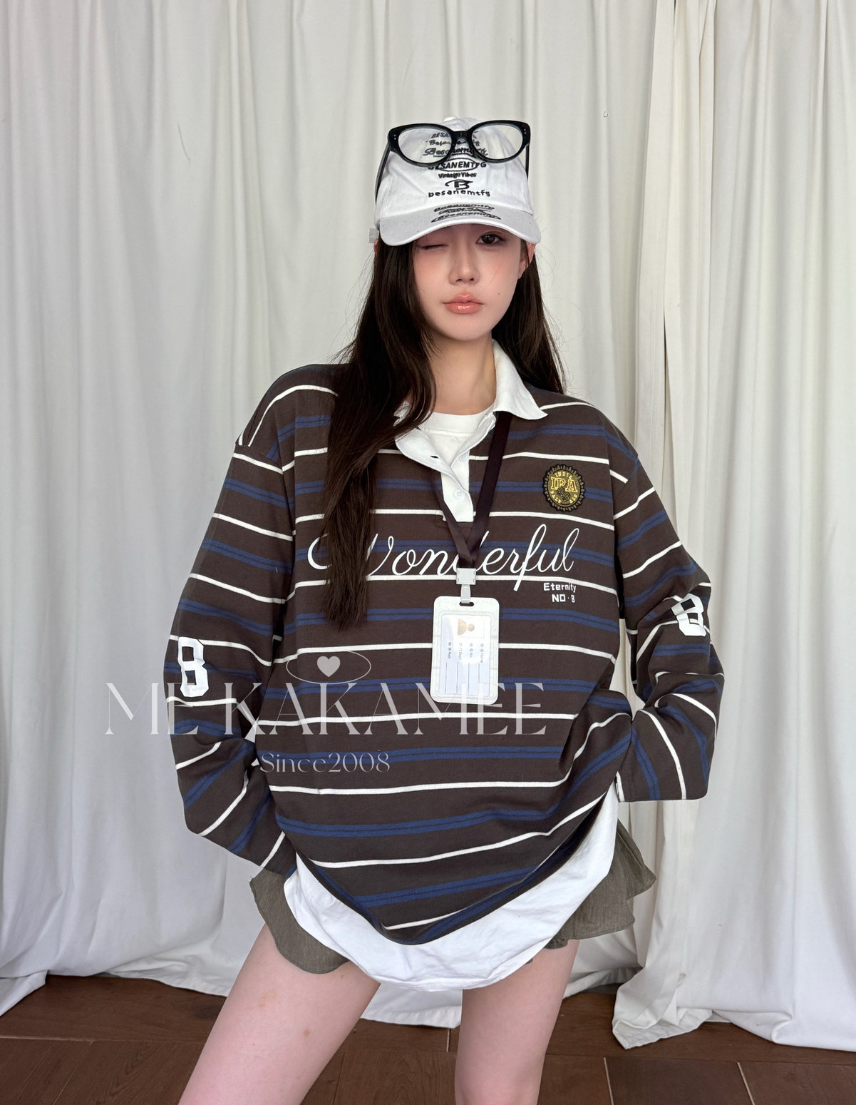 ME KAKAMEE新品美式复古字母刺绣徽章条纹polo衫宽松长袖T恤S5688