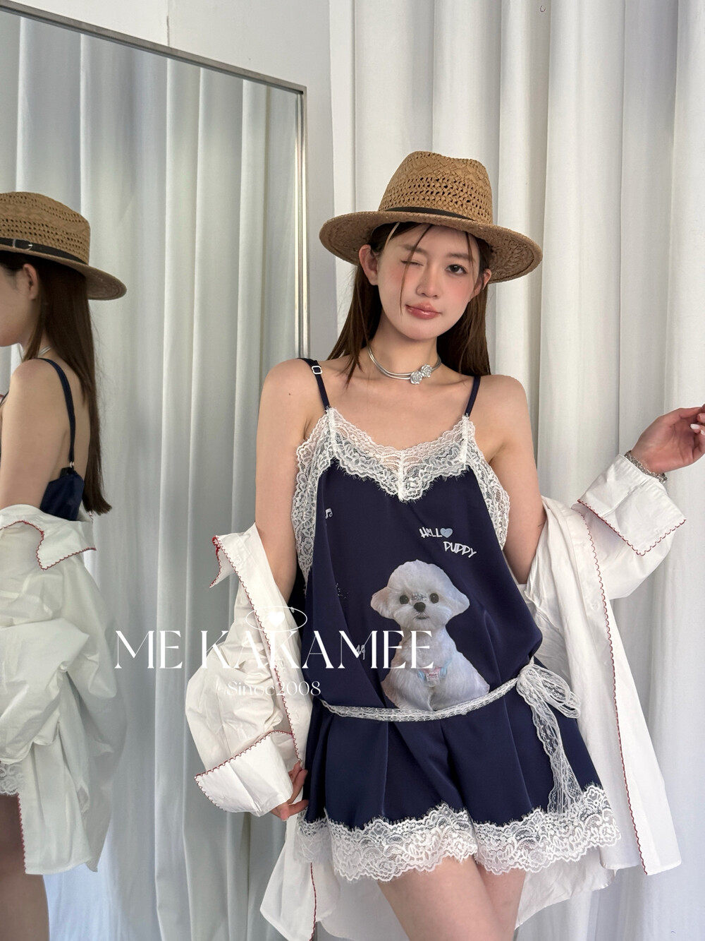 ME KAKAMEE春新品狗狗喷画蕾丝拼接醋酸叠穿吊带连衣裙S3833