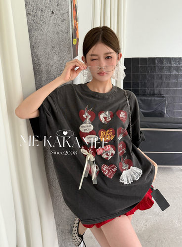 ME KAKAMEE爱心兔八哥立体蝴蝶结蕾丝拼接水洗大版短袖T恤S2838