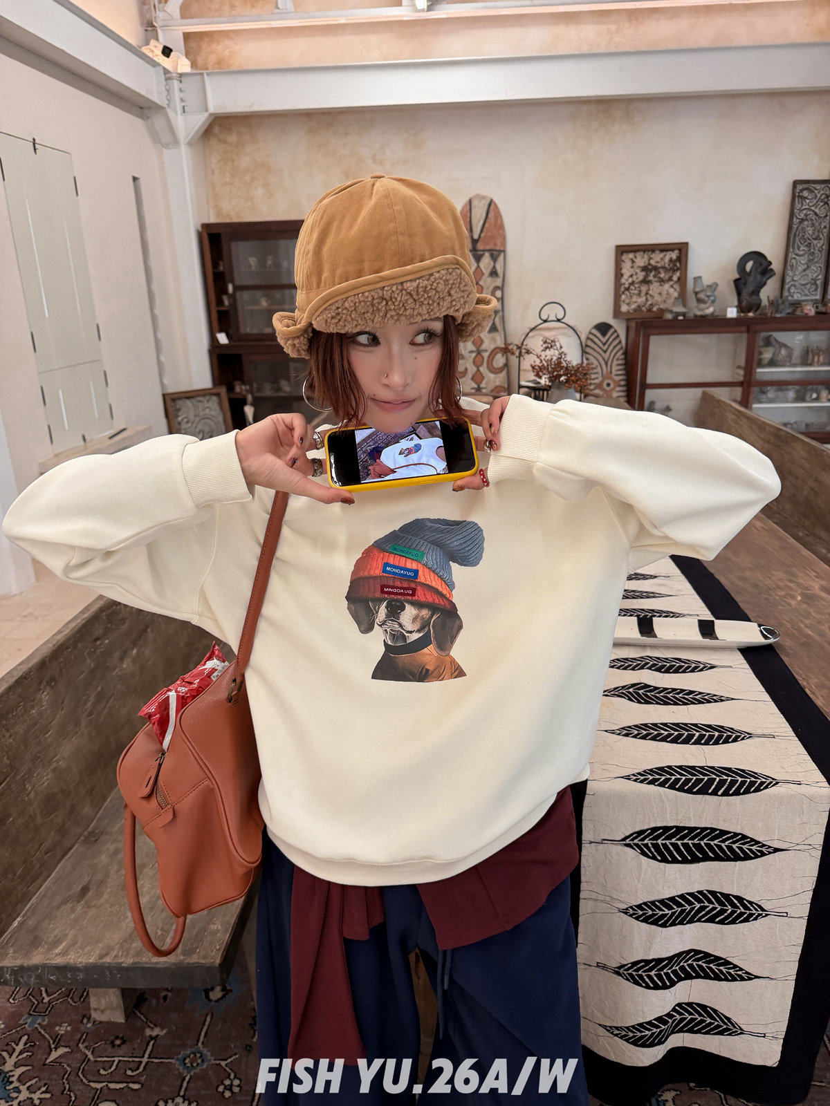 FISH YU美式复古叠帽狗狗前后印花立体复合牛奶丝宽松圆领卫衣
