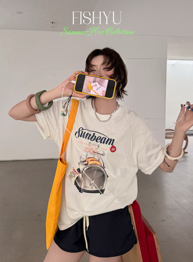 FISH YU美式复古烤面包机白墨印花立体瓶盖宽松大版短袖T恤26273