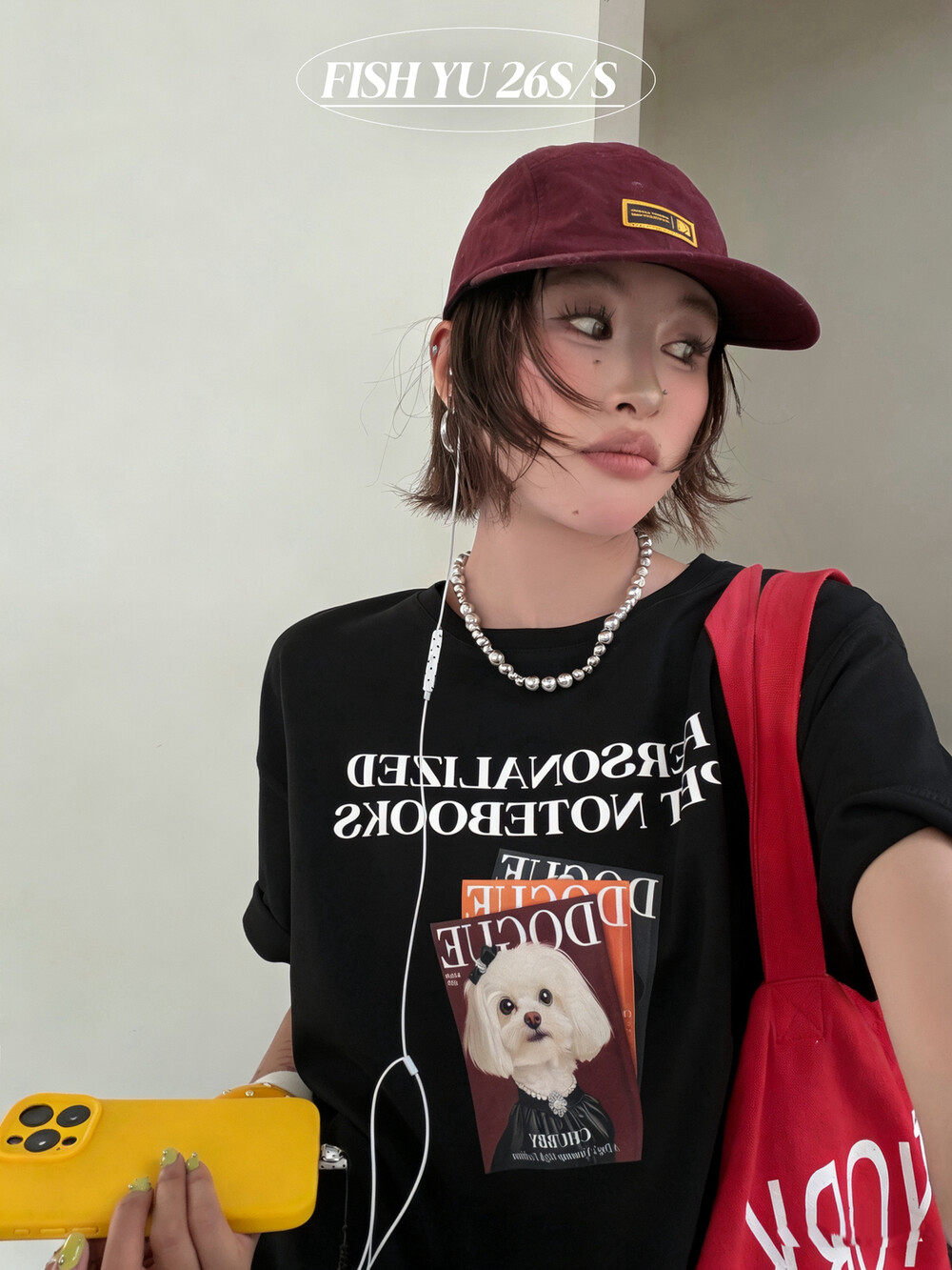 YU夏新款欧货正版韩版小狗杂志白墨印花圆领宽松短袖T恤626130