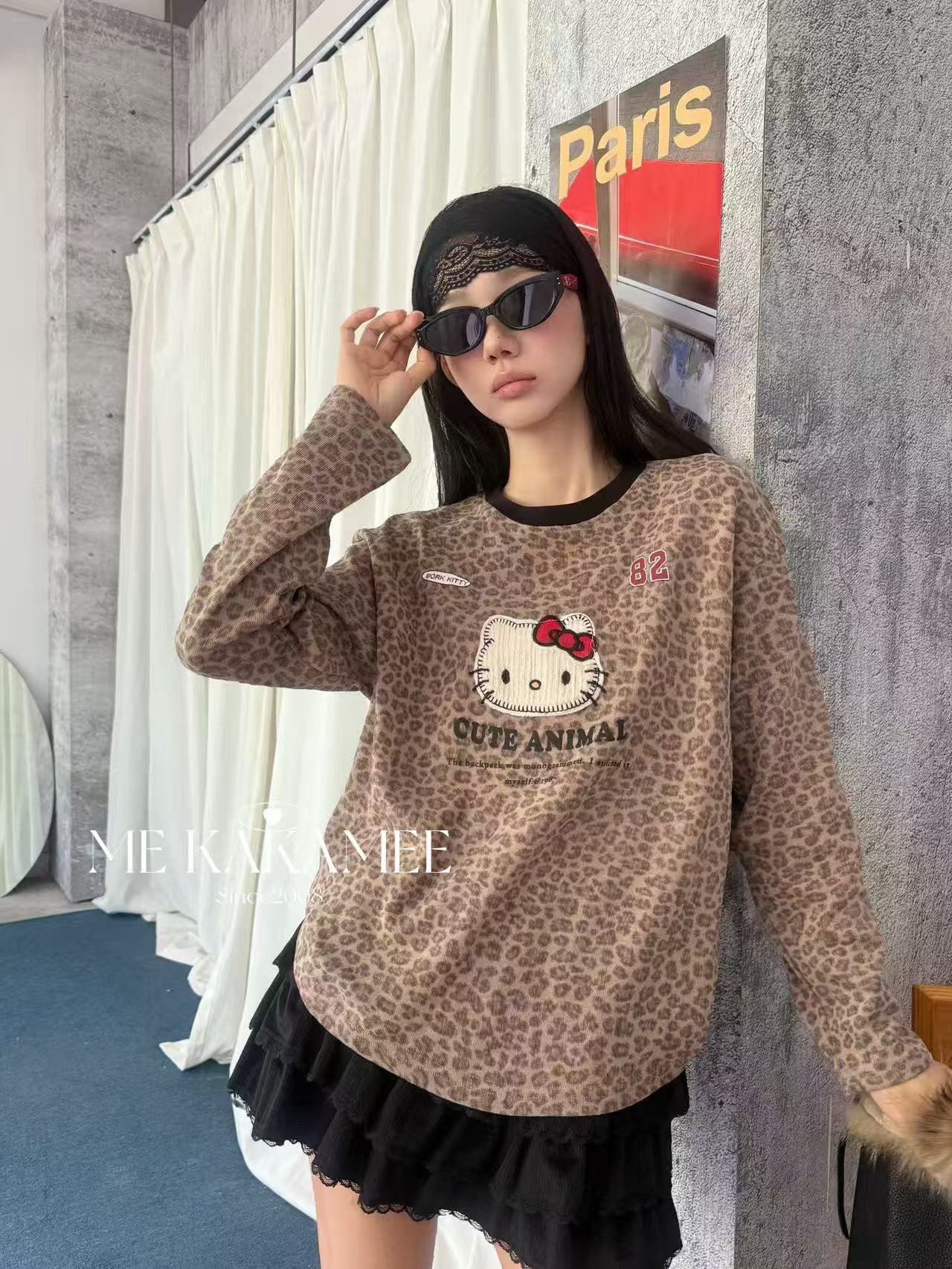 ME KAKAMEE秋新品立体毛绒KT猫设计感大版长袖T恤女休闲百搭9709