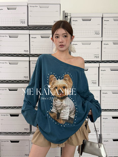 T恤上衣休闲潮S3575 趣味小狗喷画水洗斜肩长袖 KAKAMEE秋新品 美式