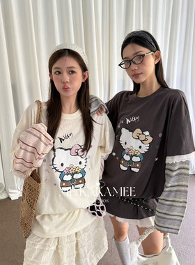 ME KAKAMEE春新品韩代假两件接接蕾丝设计感KT猫短袖T恤9085