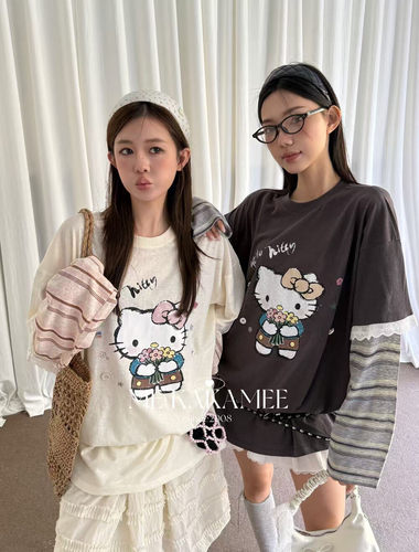 ME KAKAMEE春新品韩代假两件接接蕾丝设计感KT猫短袖T恤9085