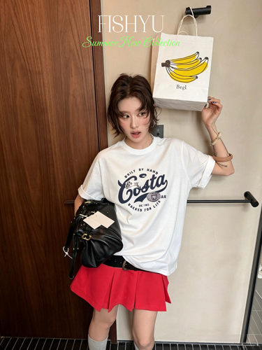 FISH YU夏新款韩版美式复古立体字母烫图正肩小版女短袖T恤26237