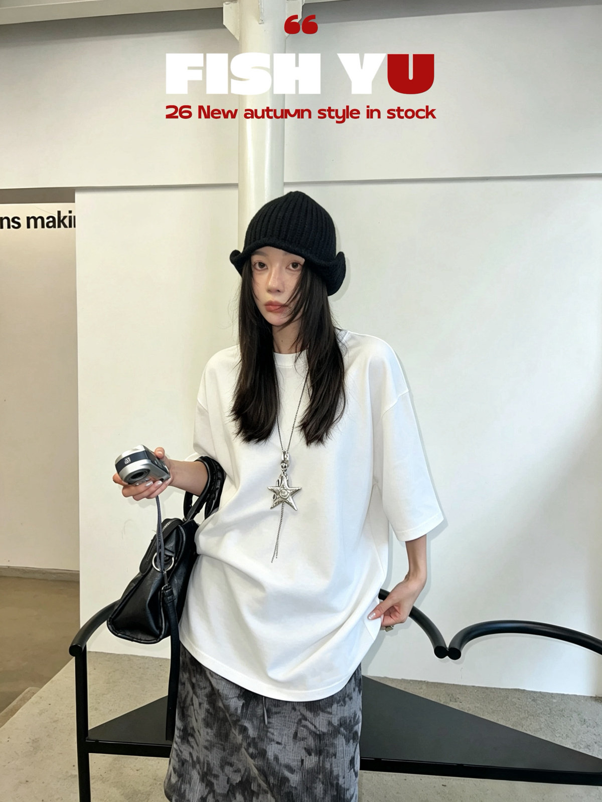 FISH YU韩版oversize大版后背毛线刺绣英文标圆领宽松短袖T恤