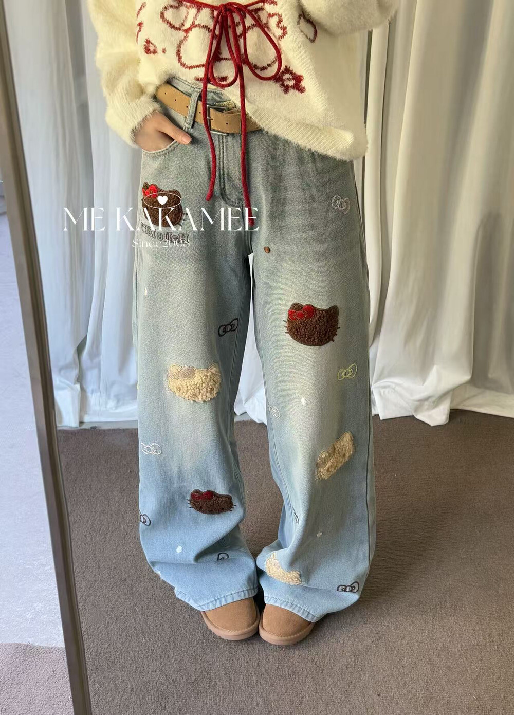 ME KAKAMEE冬新品复古洗水立体植绒KT猫加绒牛仔裤女 配腰带C0639