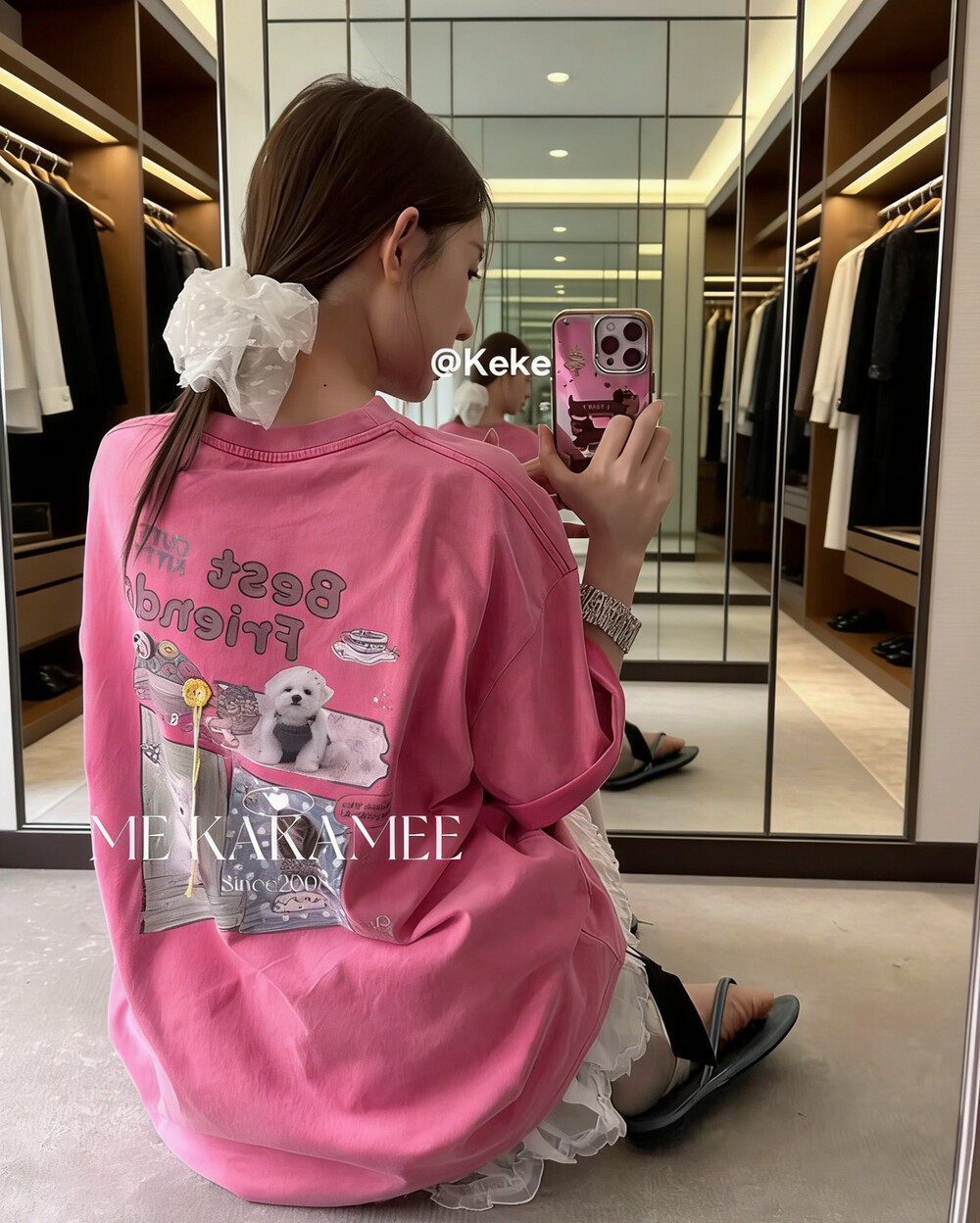 ME KAKAMEE夏新款洗水立体扣子工艺喷画小狗大版短袖T恤女9223