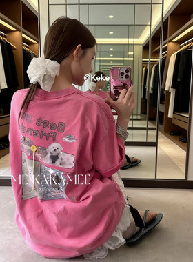 ME KAKAMEE夏新款洗水立体扣子工艺喷画小狗大版短袖T恤女9223