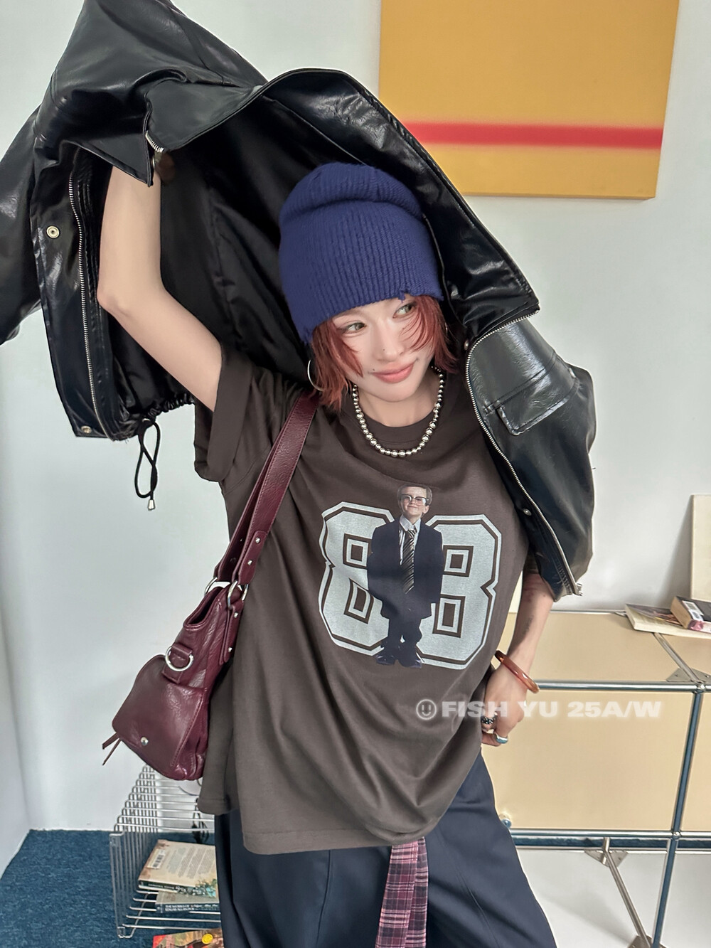 YU冬季新款美式复古风西装小男孩磨毛宽松短袖T恤圆领大版25705