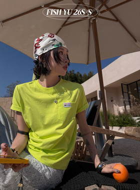 YU早春新款韩版美式复古前后图标口袋小版正肩短袖T恤上衣女