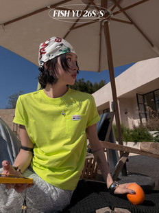 YU早春新款韩版美式复古前后图标口袋小版正肩短袖T恤上衣女