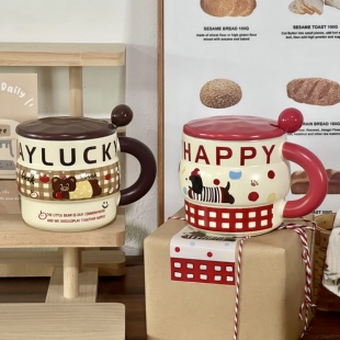 耐高温带盖勺陶瓷杯子可爱腊肠狗马克杯早餐杯釉下彩工艺生日礼物