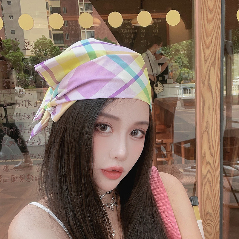 尤嘻岛英伦经典浅紫色格子小方巾丝巾女纯棉护颈小围脖头巾包头