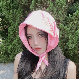 尤嘻岛夏季海边度假拍照粉色头巾包头美式甜酷辣妹方巾丝巾抹胸女