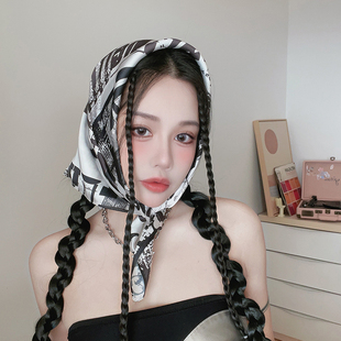 尤嘻岛黑白丝巾抹胸女2023新款小方巾春秋薄款百搭围巾辣妹头巾