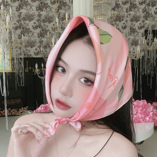 尤嘻岛桃运连连法式田园风小方巾丝巾女发带粉色亲子头巾包头时尚