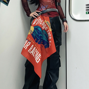 尤嘻岛美式复古橘红色方巾丝巾女街舞嘻哈配饰跳舞头巾包头短围巾