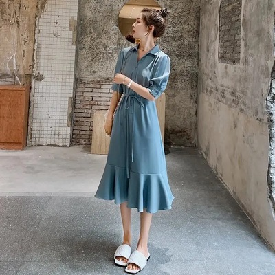 雾霾蓝衬衫连衣裙子女2021年夏季新款收腰显瘦气质女神范鱼尾裙